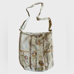 Floral Beaded Embroidered Cotton Shoulder Bag Made in India Cream Boho Hippie